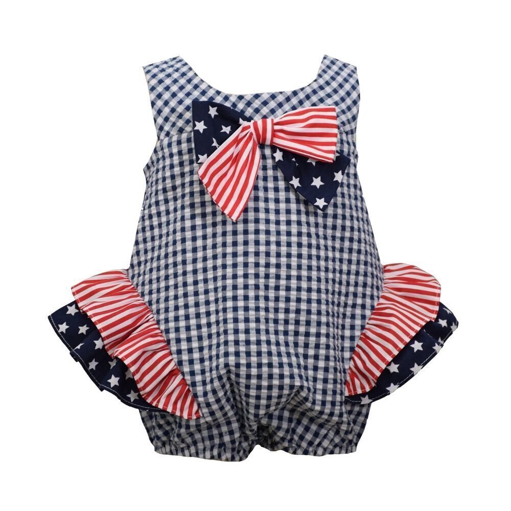 Bonnie Baby Girls Seersucker Americana Bubble Romper with Bow Size 24M